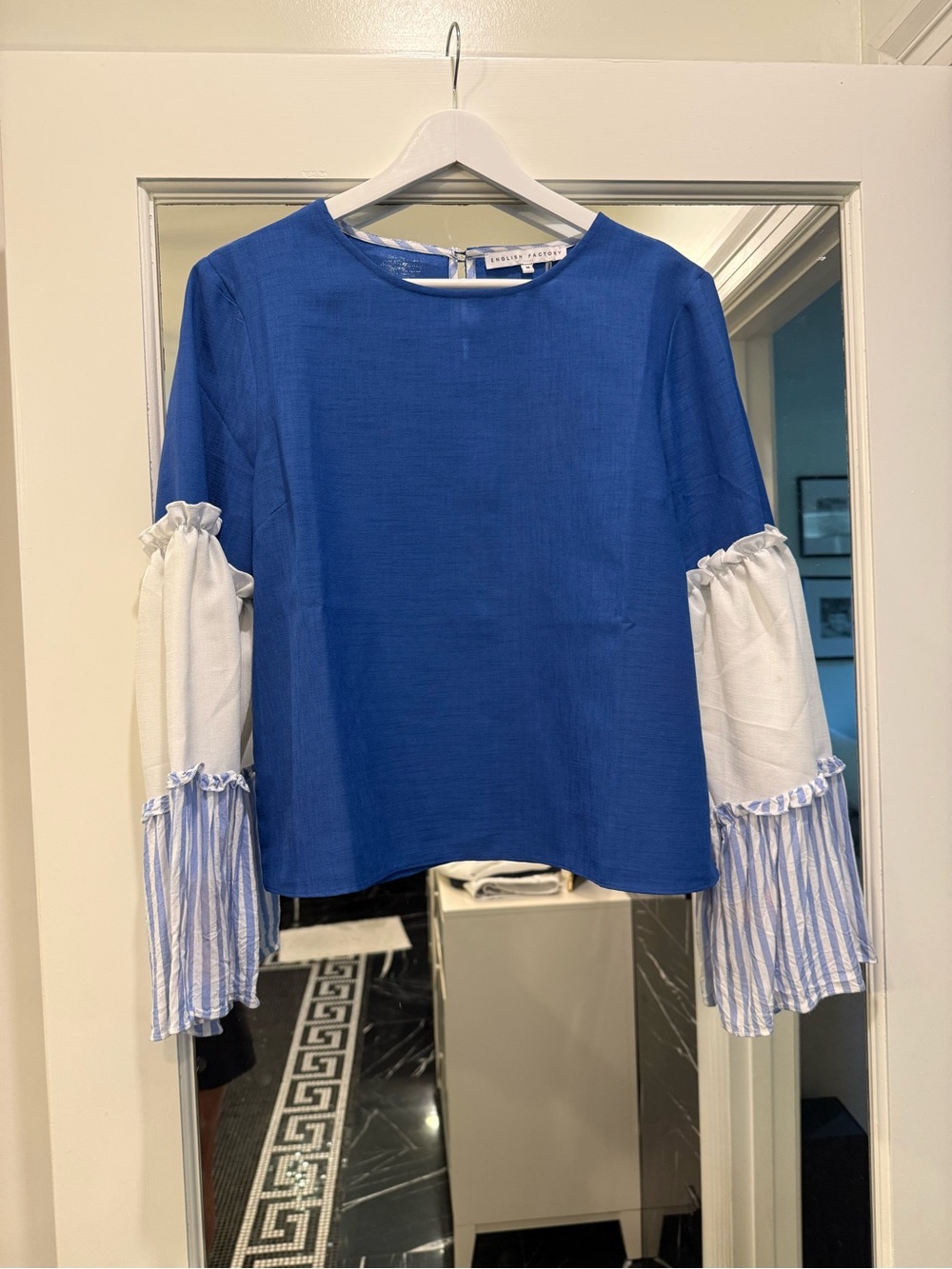 English Factory Royal Blue Blouse with White and Blue Striped Ruffle Sleeves
